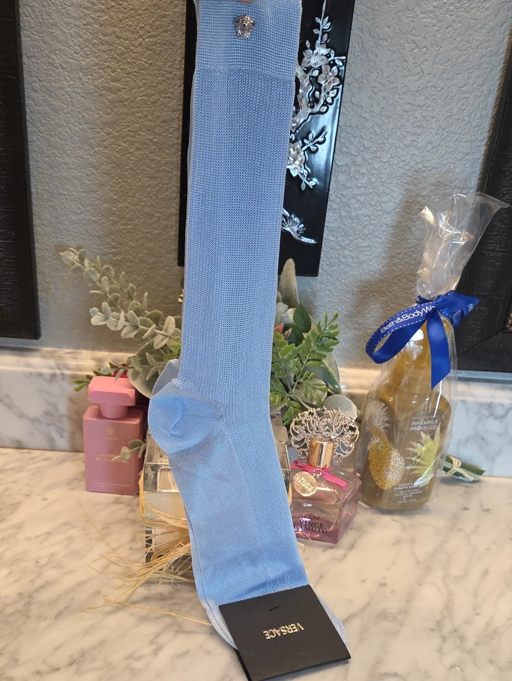 Versace Light Blue Medusa Pin Knit Socks NWT